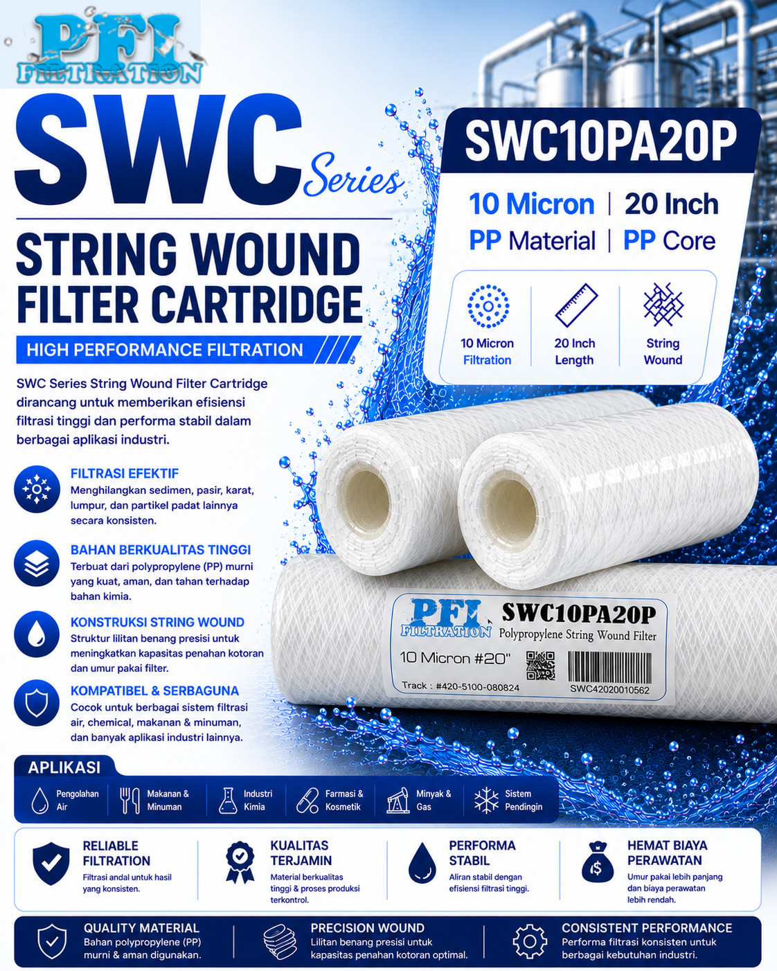 SWC10PA20P String Wound Filter Cartridge 10 Micron 20 inch, material PP dan core PP
