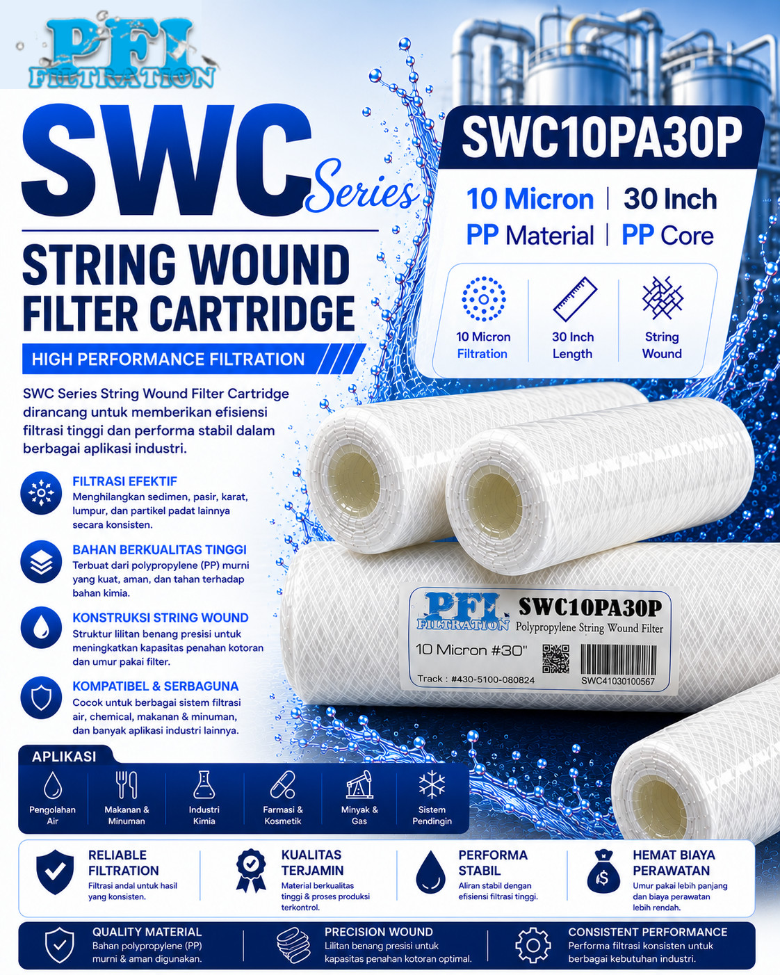SWC10PA30P String Wound Filter Cartridge 10 Micron 30 inch, material PP dan core PP