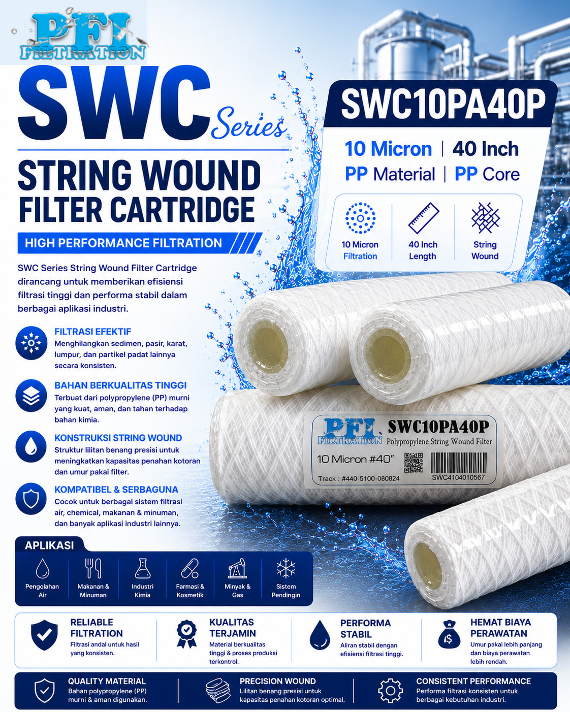 SWC10PA40P String Wound Filter Cartridge 10 Micron 40 inch, material PP dan core PP