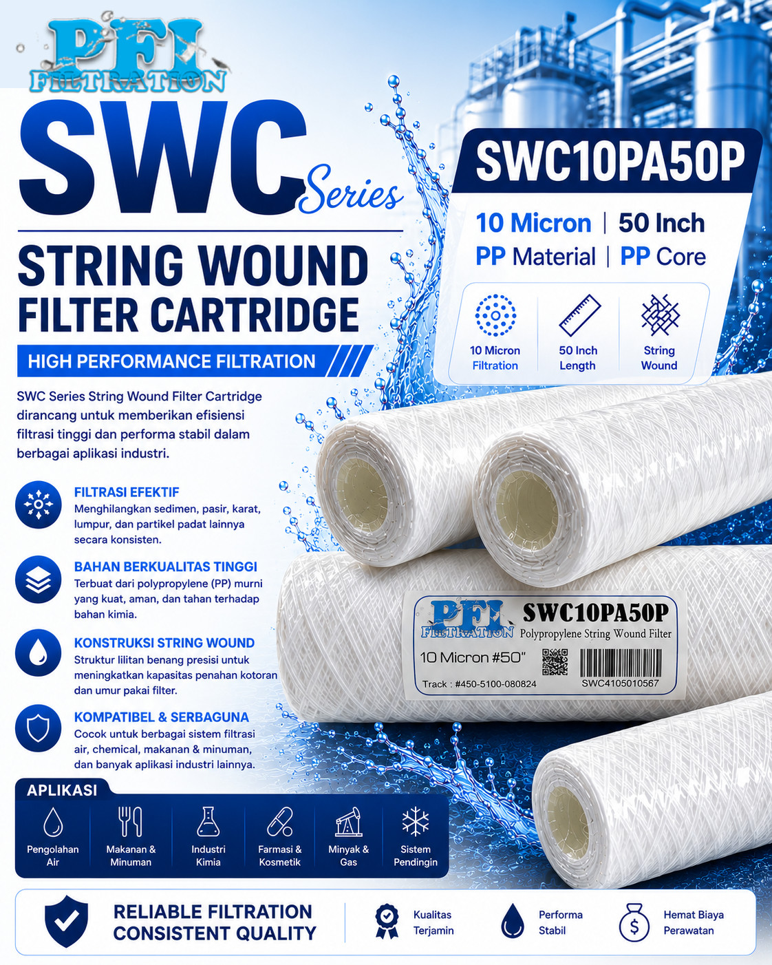 SWC10PA50P String Wound Filter Cartridge 10 Micron 50 inch, material PP dan core PP