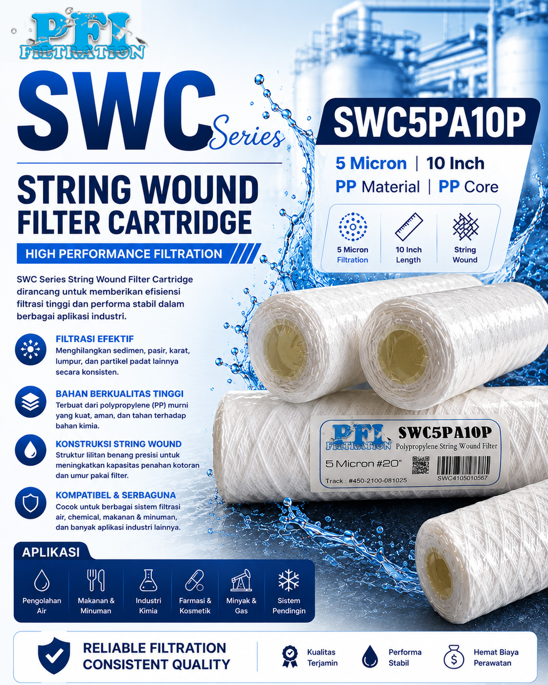 SWC5PA10P String Wound Filter Cartridge 5 Micron 10 inch, material PP dan core PP