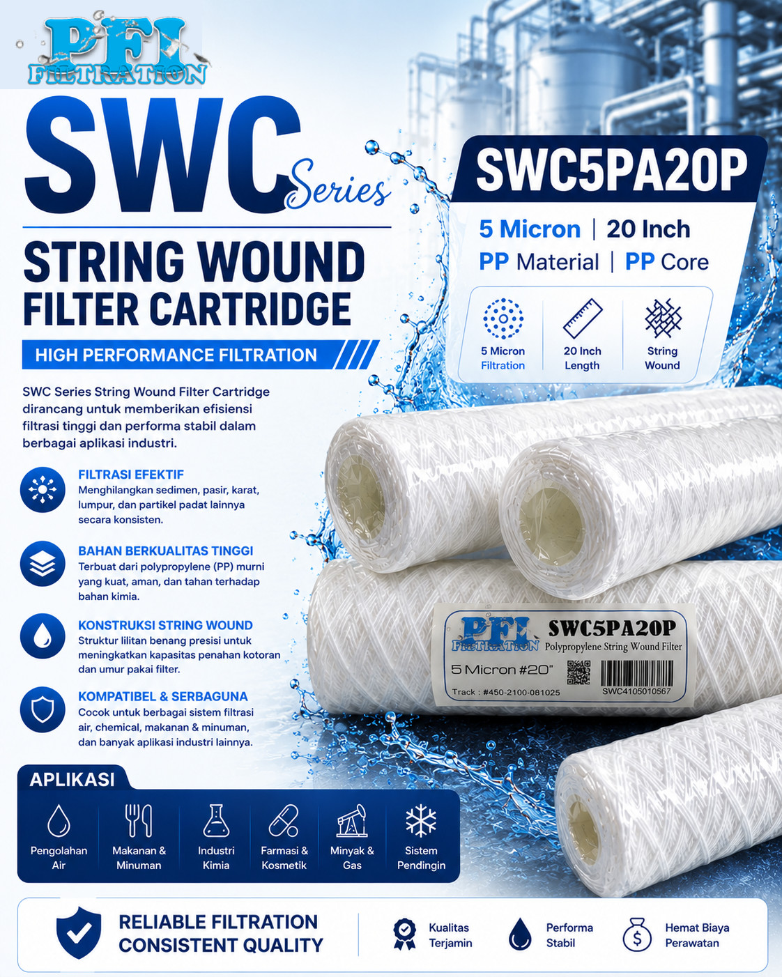 SWC5PA20P String Wound Filter Cartridge 5 Micron 20 inch, material PP dan core PP