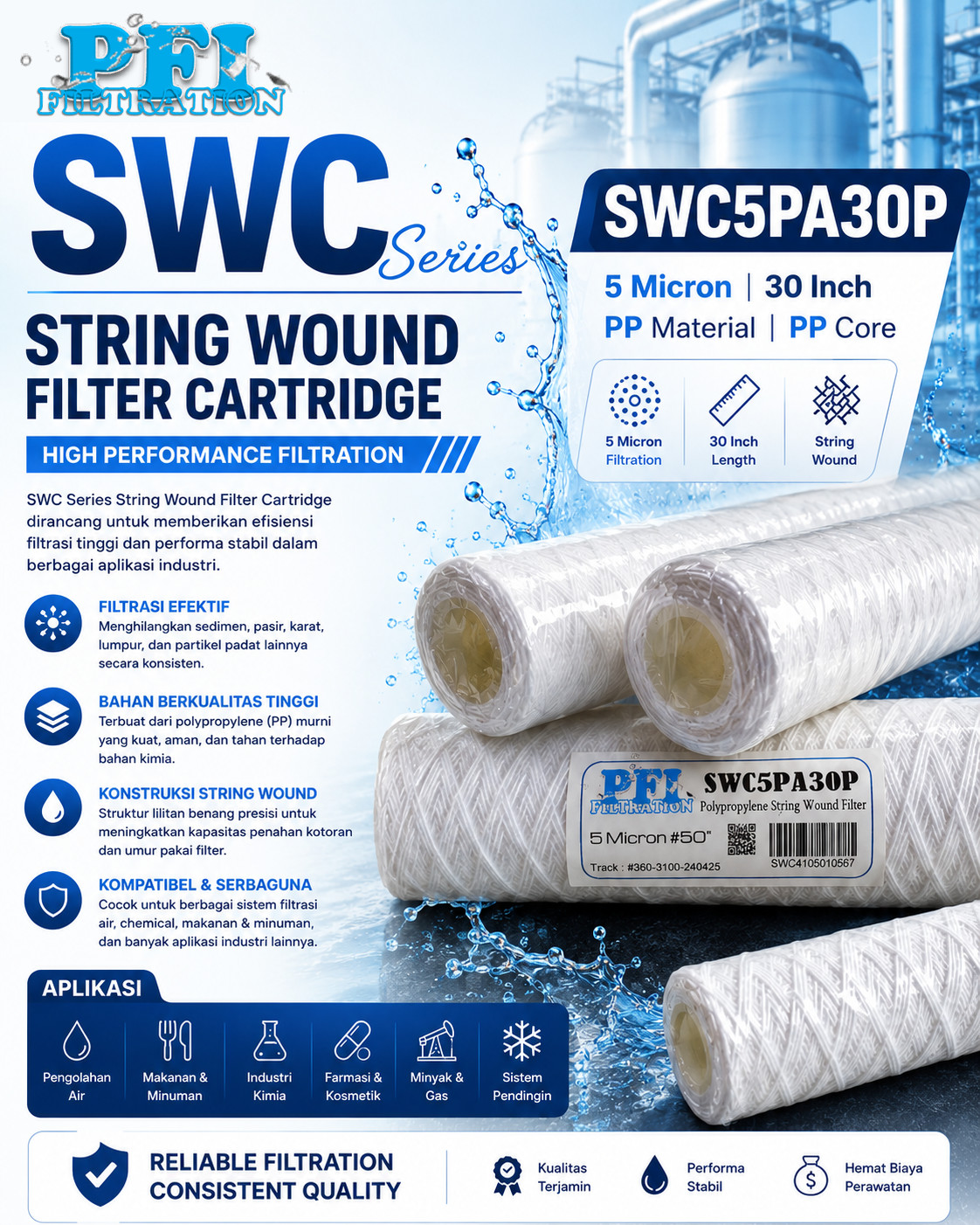 SWC5PA30P String Wound Filter Cartridge 5 Micron 30 inch, material PP dan core PP