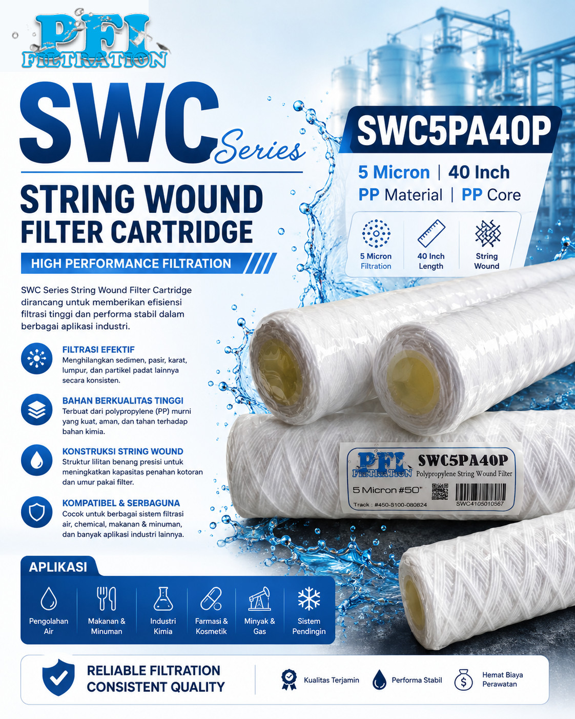 SWC5PA40P String Wound Filter Cartridge 5 Micron 40 inch, material PP dan core PP