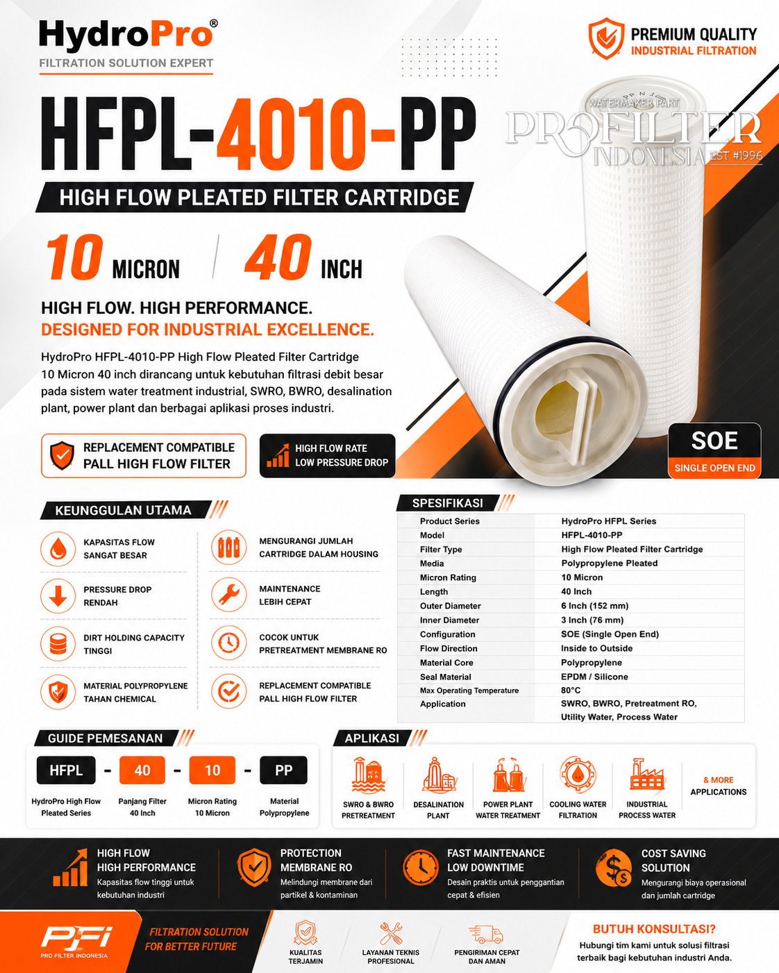 Hydropro HFPL-4010-PP High Flow Pleated Filter 10 Micron 40 inch